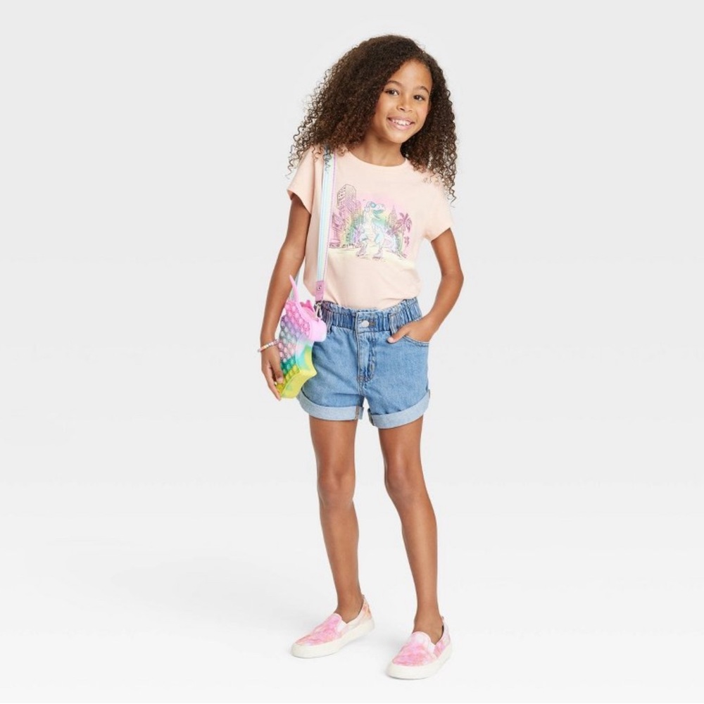 Girls' High-Rise Paper Bag Jean Shorts - Cat & Jack™ Medium Blue Wash Large